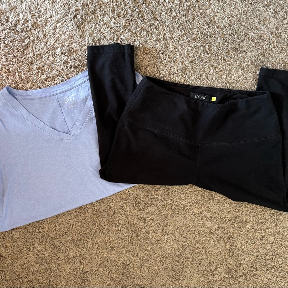 Lysse Black cropped Leggings and Maurices 24/7 Purple Top